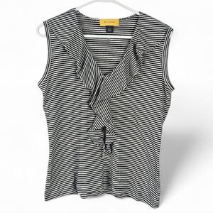 St John Ruffle Front Sleeveless Black/White Striped Top M Nautical Casual